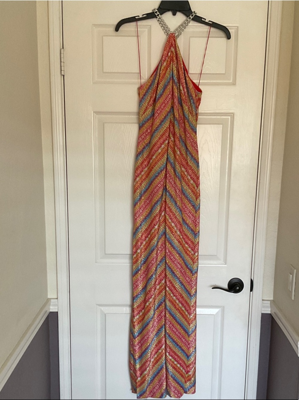 Liz Foster Bright Chevron Halter Maxi Dress with Metallic Accents-Size 2